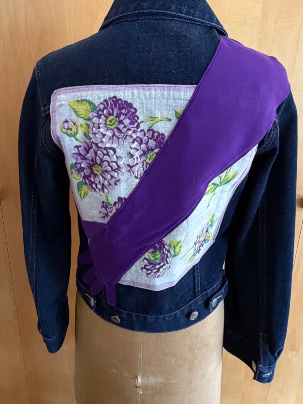 Up-cycled Jean Jacket Embellished with Vintage Opera Length Gloves and Hankie